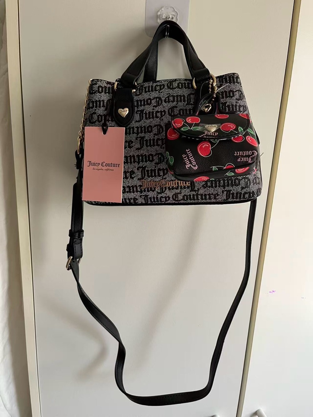 Juicy Couture Black Monogram Satchel with Cherry Accent Pocket